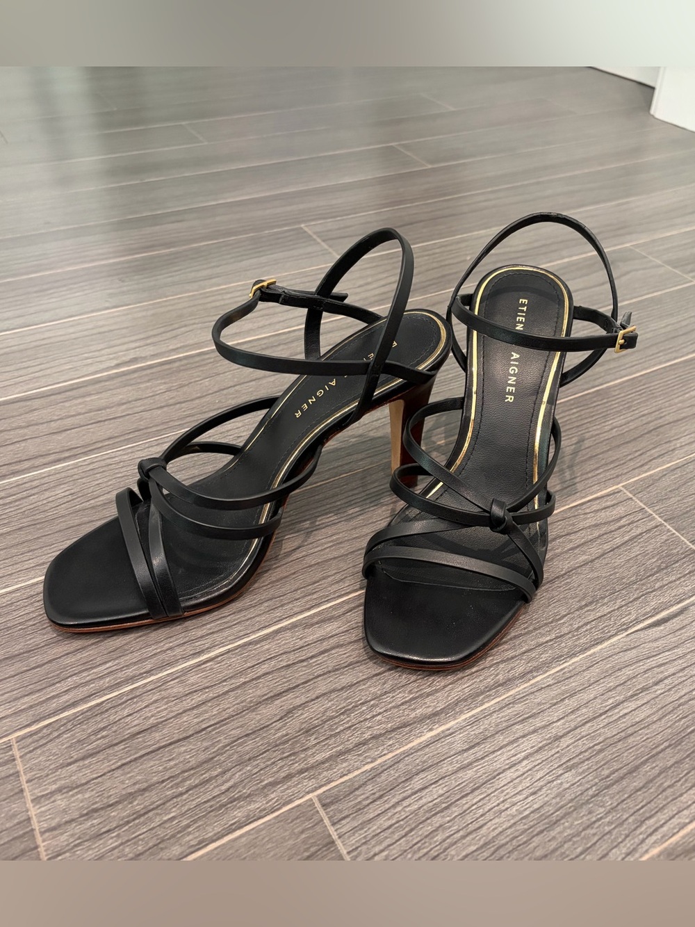 Etienne Aigner Black Strappy Leather Heeled Sandals
